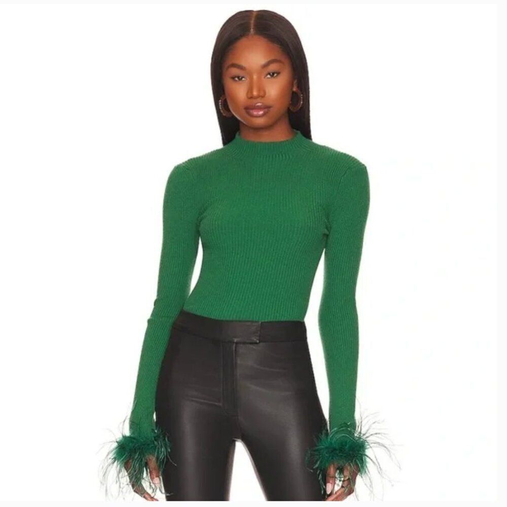 LOVERS and FRIENDS Relena Open Back Sweater Feather Boa Green Medium